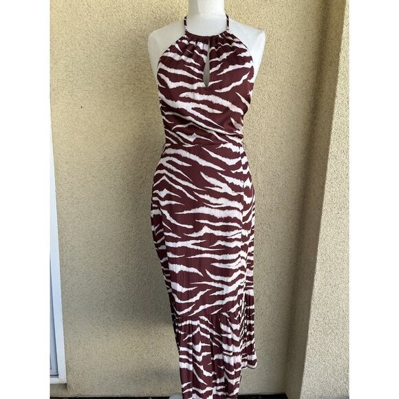 Paige Jade Cherrywood Cream Zebra printed halter ruffle hem midi dress Small - Picture 6 of 15